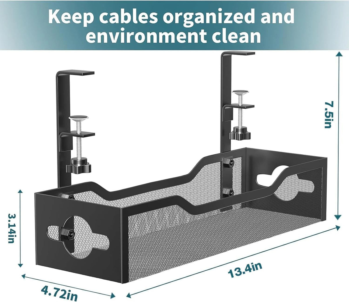 Litwaro Under Desk Cable Management Tray 2 Pack, No Drill, Organizer with Clamp Easy to Install for Standing Cord Organizer, Wire Damage Desk, Black, 13.38''-2 pack