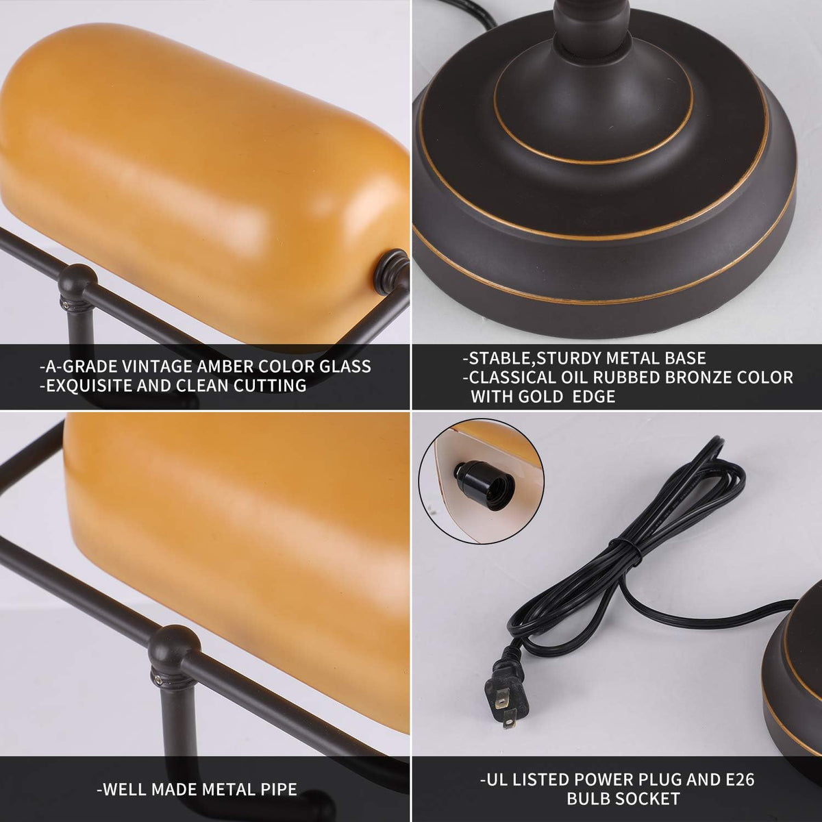Amber Glass Bankers Desk Lamp, Touch Control