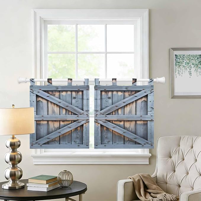 Farmhouse Wood Grain Kitchen Curtains 24 Inch Length, Small Window Curtains Tab