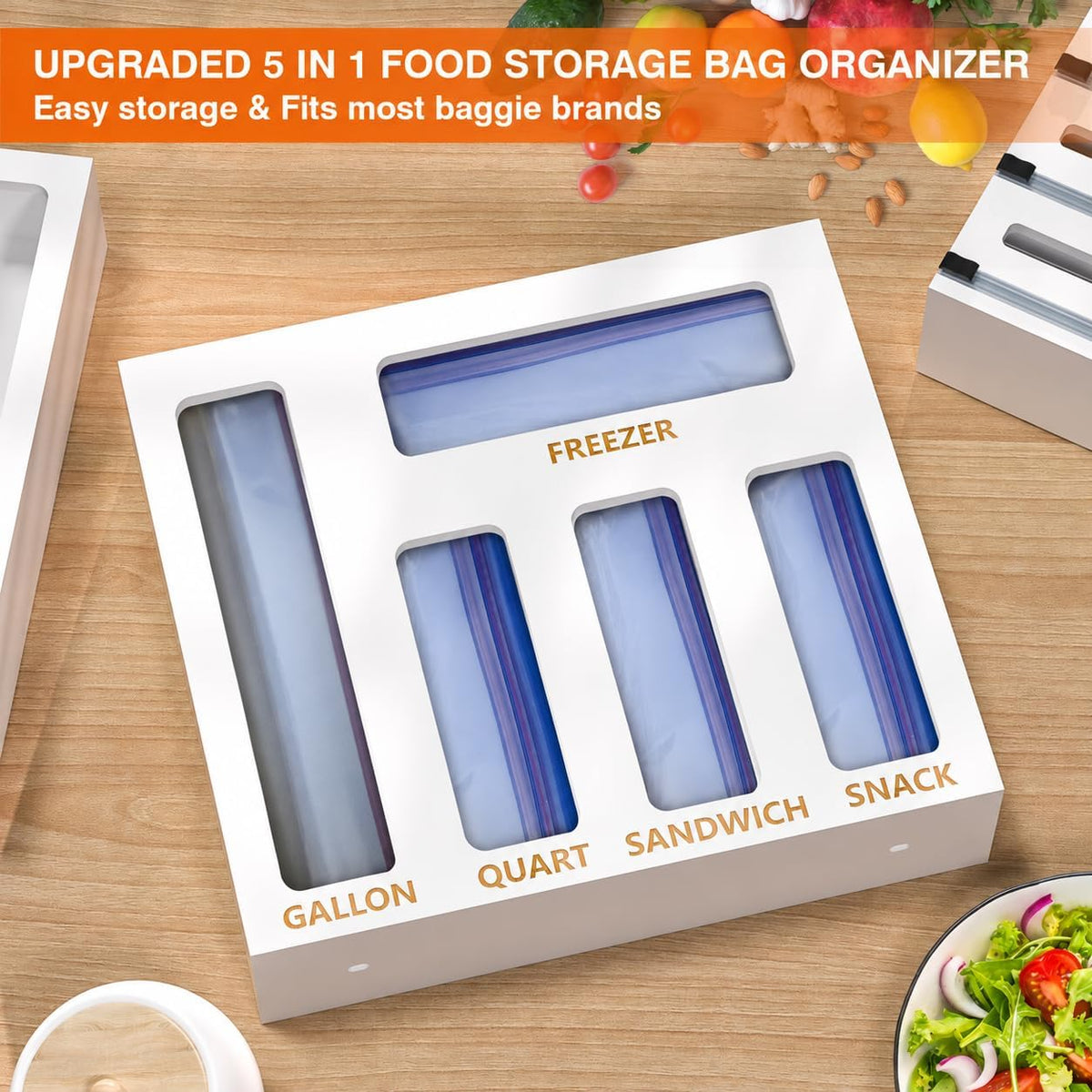 DALSHABET 9 IN1 Bamboo Storage Bag Drawer Organizer with Cutter, Foil and Plastic Wrap Dispenser for Kitchen Storage Compatible with All Brands Gallon, Quart, Sandwich & Snack Size Bags - White