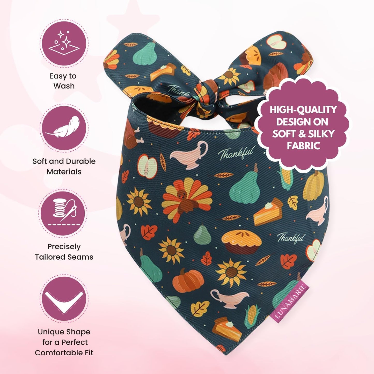 LunaMarie - Luxury Pet Birthday Bandanas -Premium & Silky Poly Fabric | 100% Handmade | Custom Shape Dual Layered (Thanksgiving, Large)