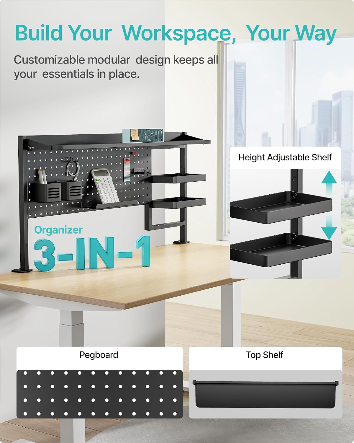 PEGZONE Clamp on Desk Shelf, 44" Desktop Shelving System, Black