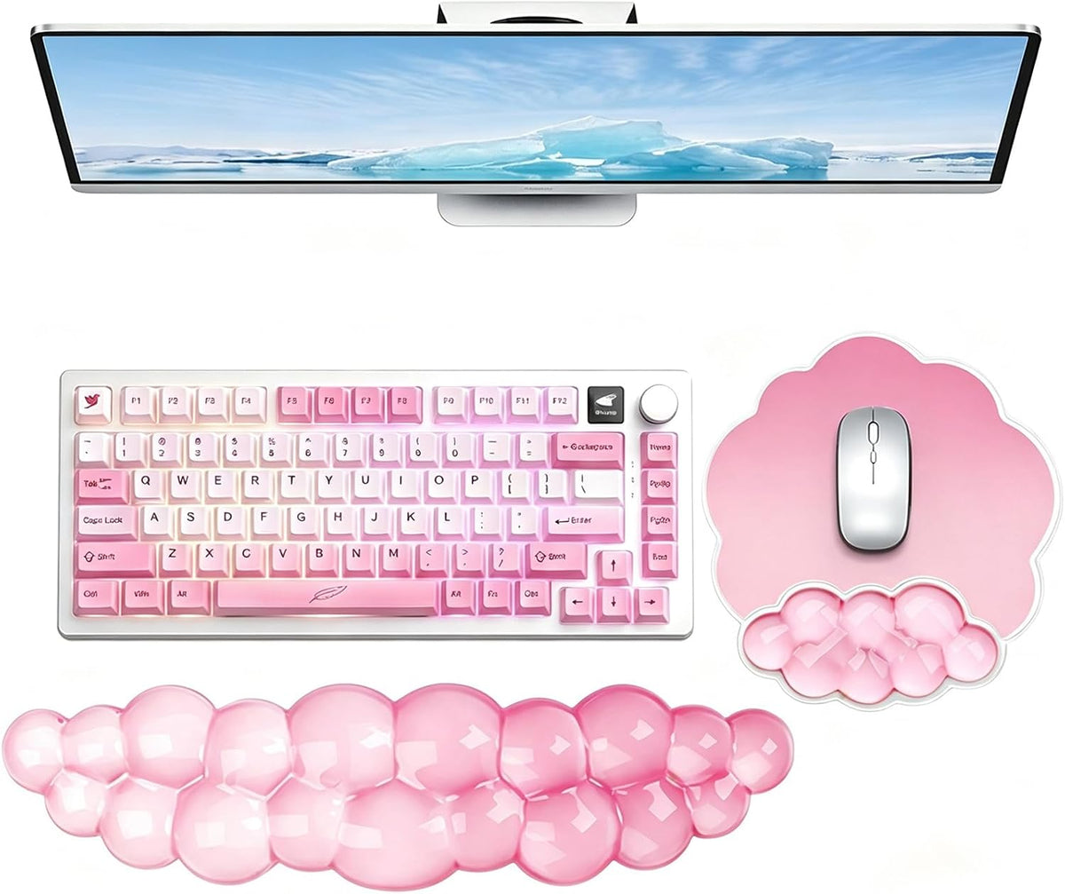 Gel Wrist Rest and Cloud Mouse Pad, for Keyboards and Mice - Ergonomic Pink Keyboard Wrist Rest Set, Relieves Pain from Typing/Computer/Laptop/Gaming/Home/Office Pink
