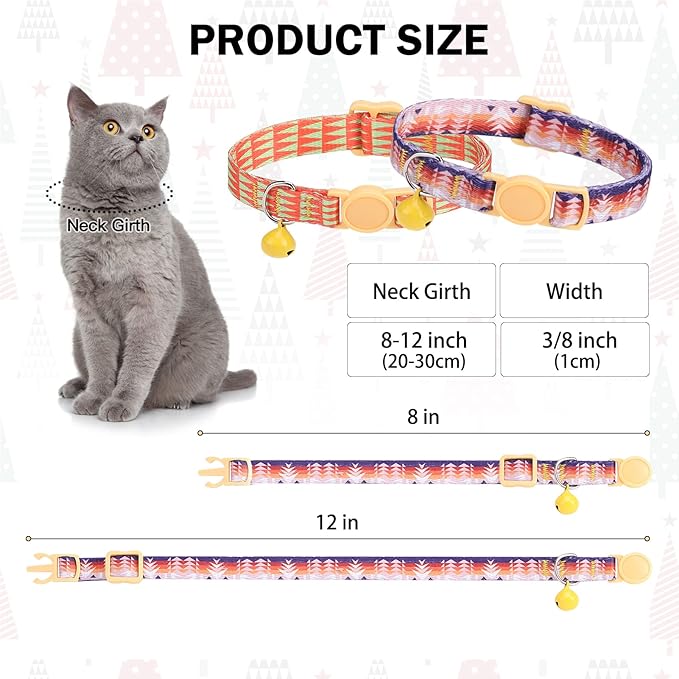 Breakaway Cat Collars for Girl Boy Cats, Spring Summer All Weather Cat Collar Personalized Pattern 2 Pack,Cute Classic Safety Buckles and Bells,Adjustable Printed Nylon Colorful Kitten Collar