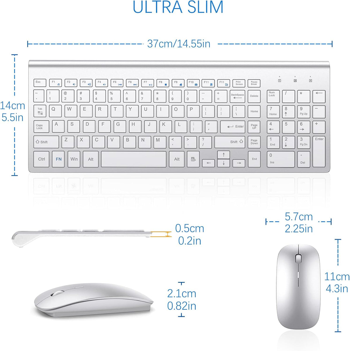 Wireless Keyboard and Mouse Ultra Slim Combo, TopMate - Silver White