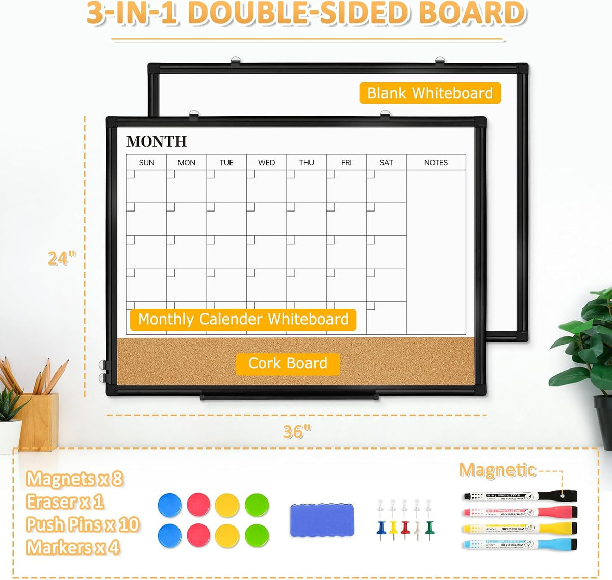 Monthly Dry Erase Calendar Whiteboard with Corkboard, 36" x 24", Black
