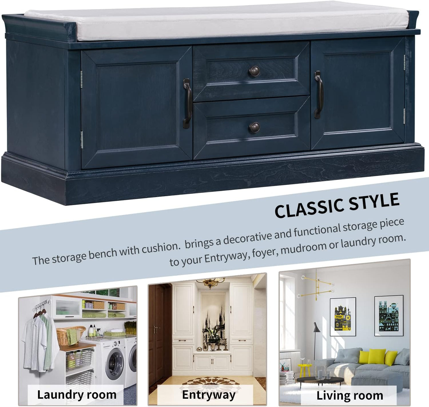 Storage Bench with 2 Drawers and 2 Cabinets, Pine Wood Shoe Bench with Removable Cushion for Living Room, Entryway 42.5" L x 15.9" W x 17.5" H (Antique Navy)