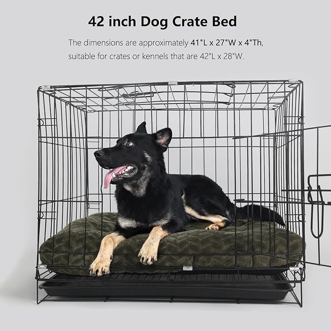 Large Dog Bed - 42 Inch Soft & Fluffy Crate Pads for Dogs Up to 90 lbs - Washable, Olive Green