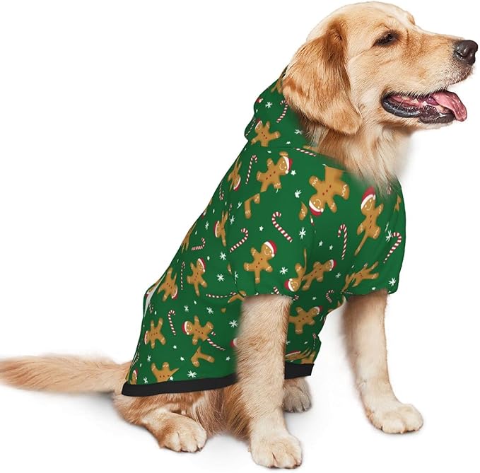 Green Christmas Gingerbread Men Candies Hoodie,Christmas Cosplay Dog Clothes with Pocket and Hat Winter Clothes Sweaters XXX-Large