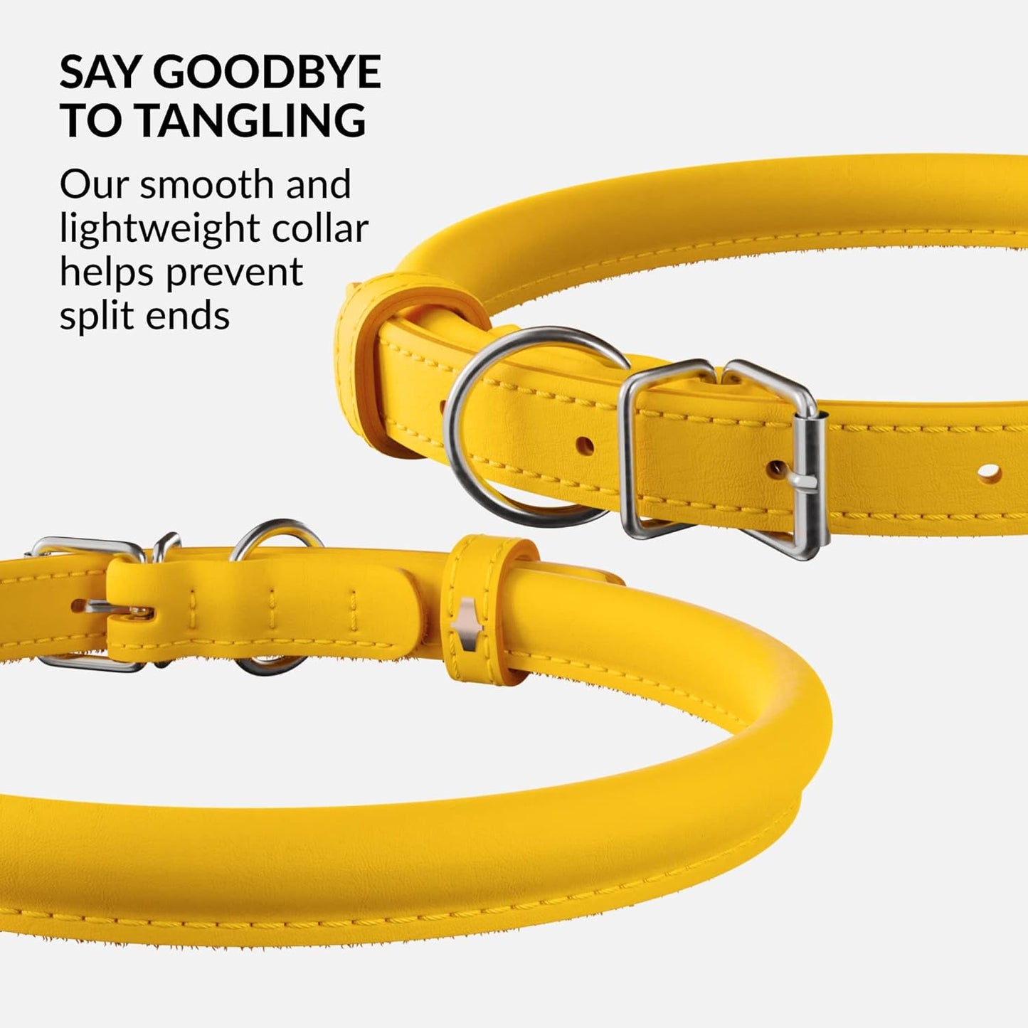 CollarDirect Rolled Leather Dog Collar, Soft Padded Round Puppy Collar, Handmade Genuine Leather Collar Dog Small Large Cat Collars 13 Colors (8-11 Inch, Yellow Smooth)
