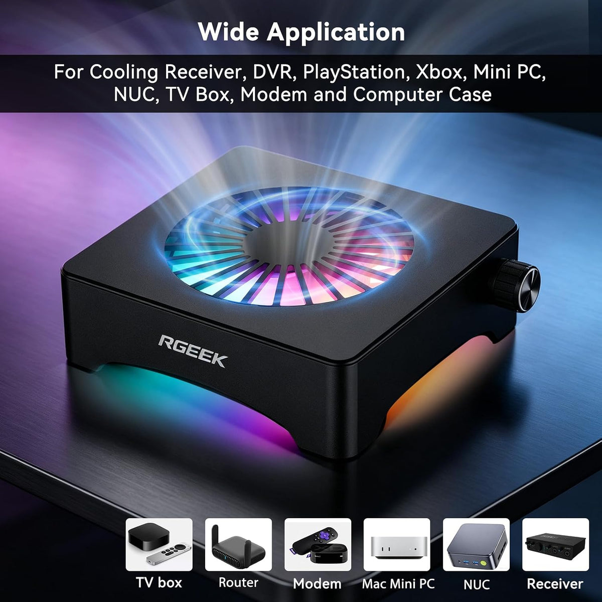 Quiet USB Computer Fan, RGB Mini PC Cooling Fan Base, with Speed Controller