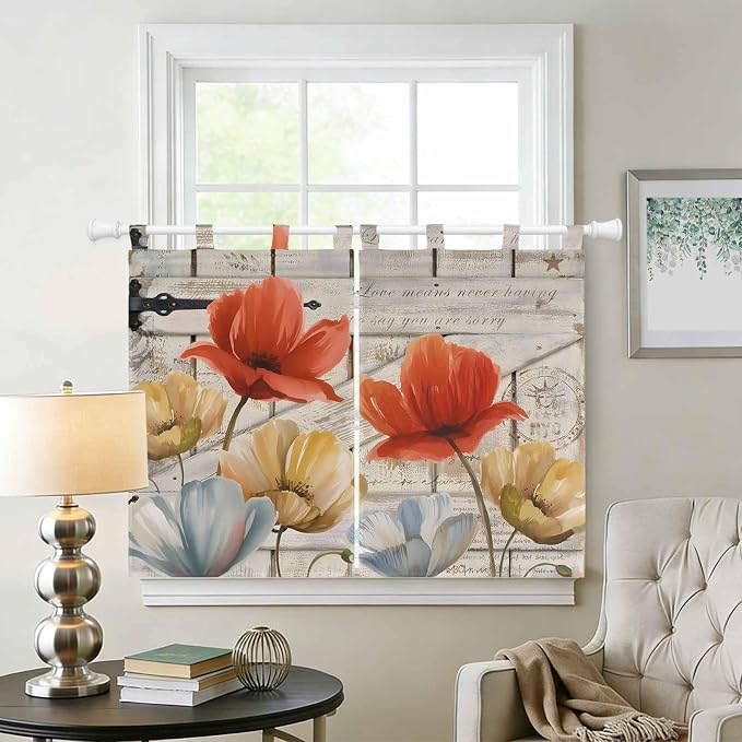 Retro Floral Bedroom Curtains 63 Inch Length, Window Curtains Tab Top