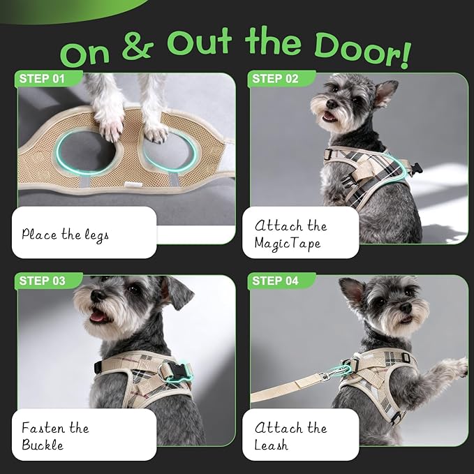 EXPAWLORER Plaid Small Dog Harness and Leash Set with AirTag Holder - No Pull Soft Padded Step in Dog Vest Harness Medium Sized Dog, Reflective Puppy Harness, Collar and Leash for Walking, Khaki S
