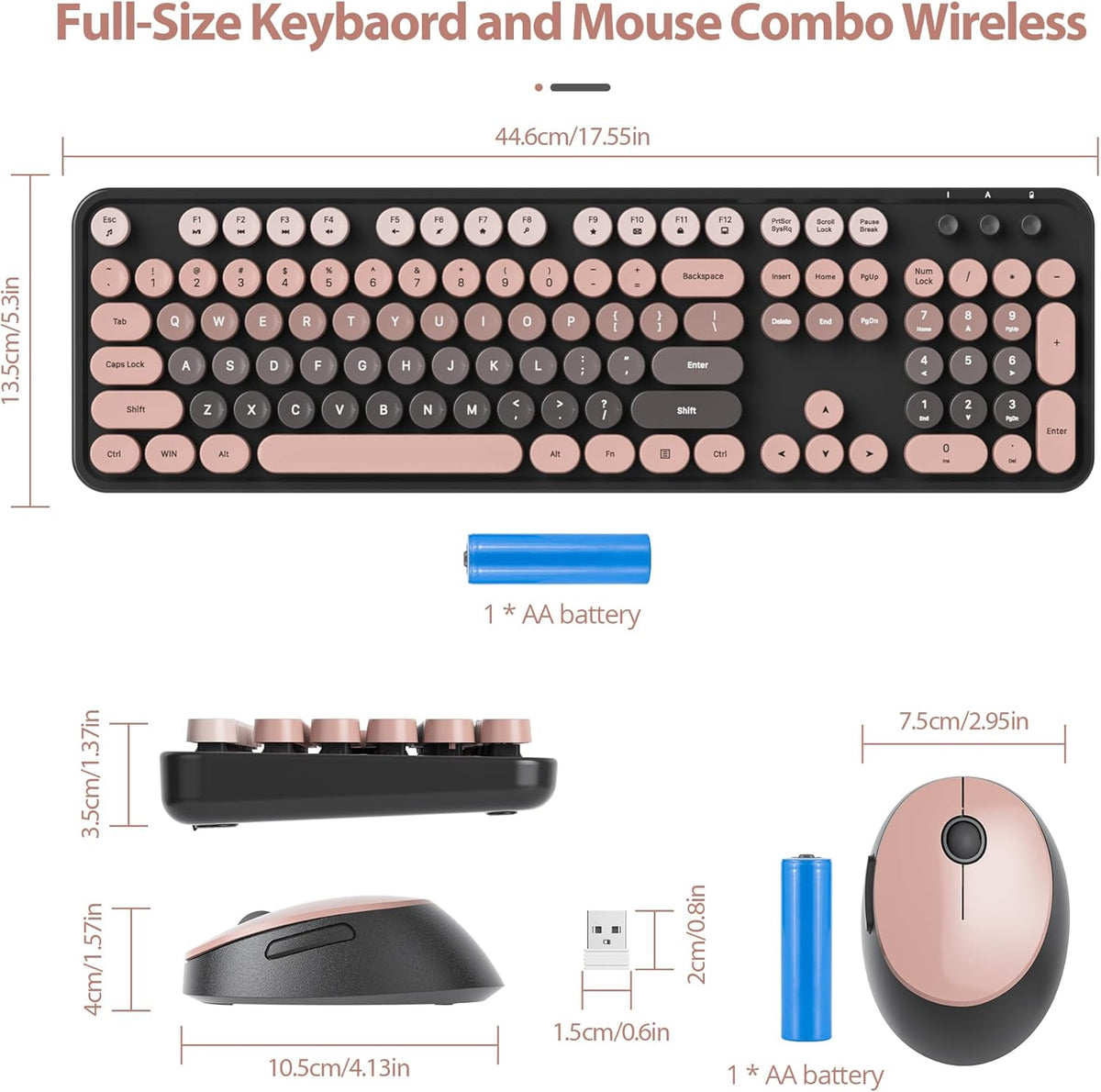 Wireless Keyboard and Mouse Set, Retro Typewriter Black Pink