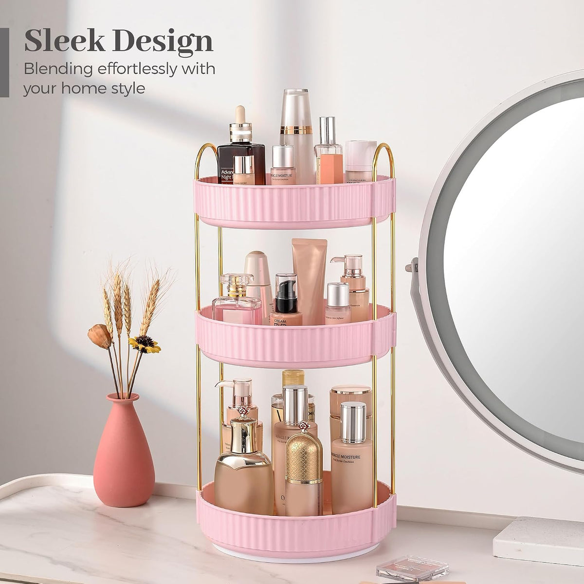 Aveniee Rotating Makeup Organizer, 3-Tier Pink Vanity Storage