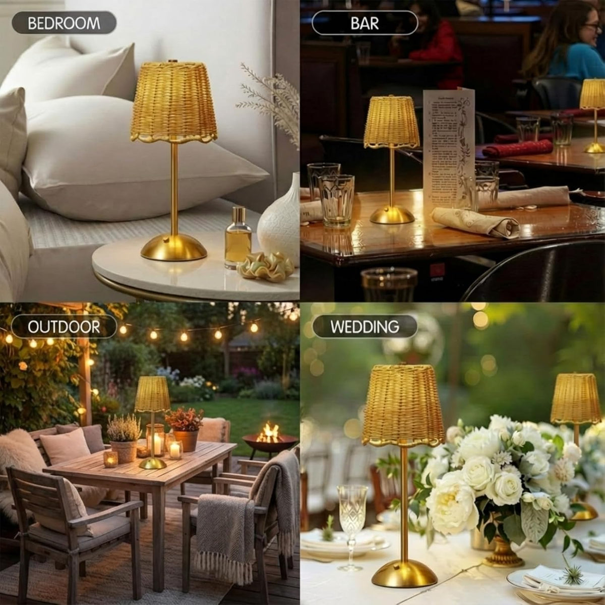 Pickmesh 2 Pack Rattan Table Lamp, Cordless LED Boho Wicker Desk Lamp