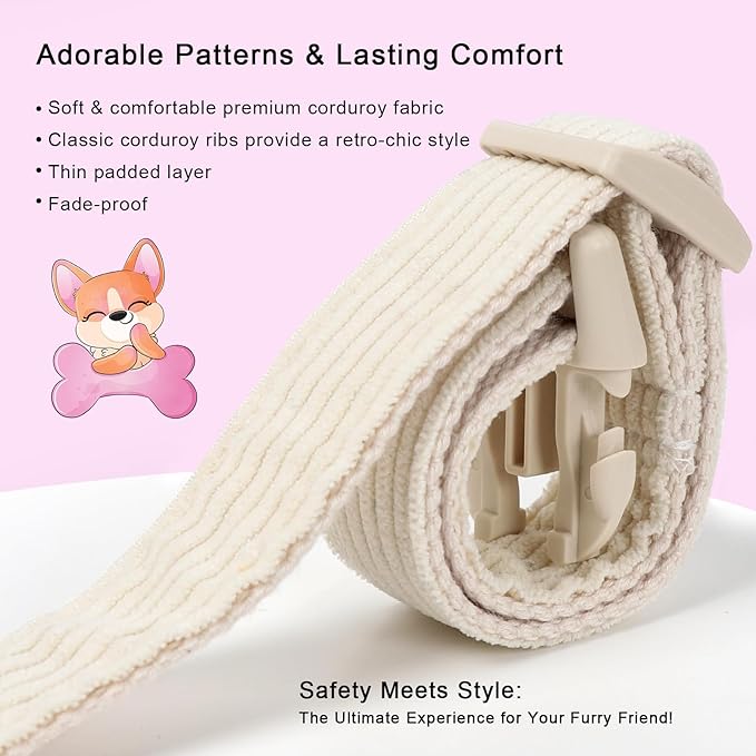 Cute Corduroy Dog Collar - White Adjustable Dog Collars for Medium Dogs 25-50lbs, Fade-Proof with Secure Snap & Little Charm, Christmas Birthday Gift, M