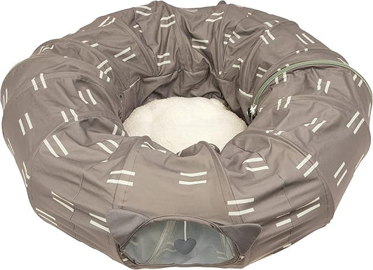 Kitty City Large Cat Tunnel Bed, 2-in-1 Zip-Together Cat Play Tunnel & Plush Nap Bed, Pop-Up Indoor Cat Toy with Hanging Toys, Collapsible Design - Brown