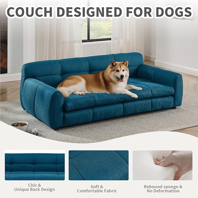 51" Soft and Comfortable Pet Bed for Large and Oversized Dogs, Durable Elevated Dog Sofa with Armrest and Backrest, Modern Linen Fabric Dog Couch, Dark Blue