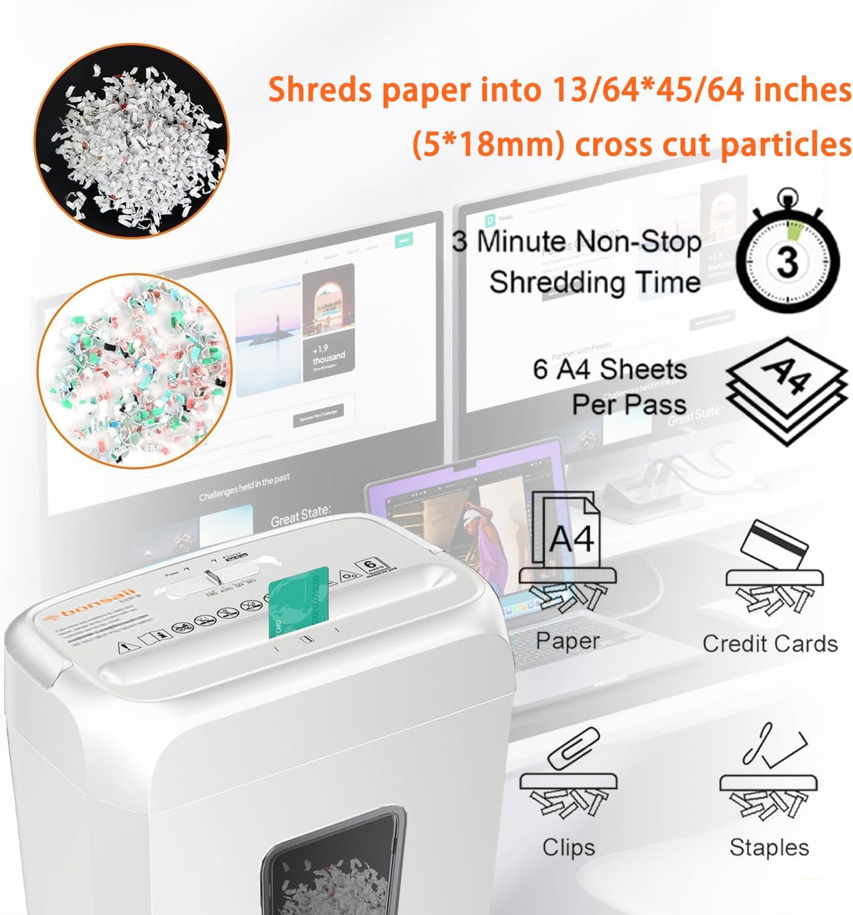 Bonsaii Low Noise Operation Paper Shredder, 6-Sheet Cross-Cut, Credit Card Shredder, Home Office, Handle for Document, Mail, Staple, 3.4 Gal Wastebasket, Easy-Carry Handle, White