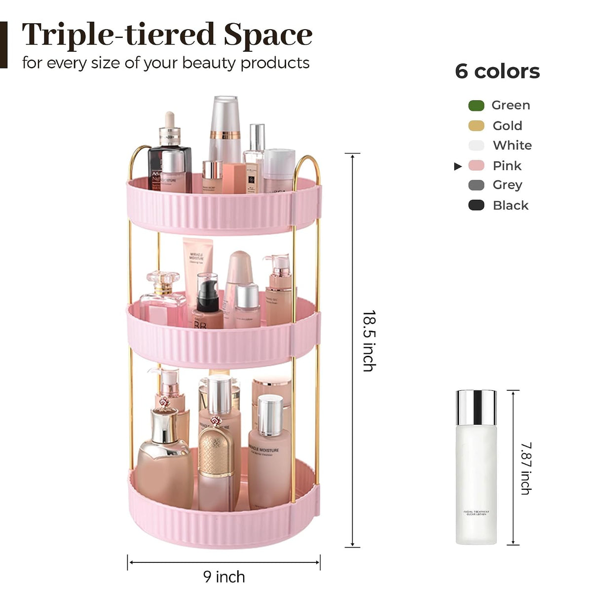 Aveniee Rotating Makeup Organizer, 3-Tier Pink Vanity Storage