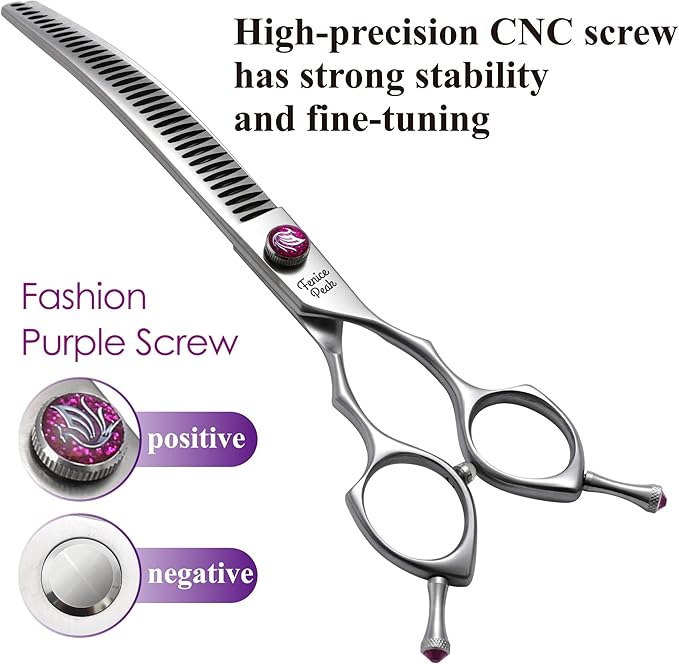 Fenice Peak 7.5‘’ Curved Chunker Dog Grooming Scissors with Purple Flashing Screw Professional 440C Stainless Steel Natural Color Pet Trimming Shears with Offset Handle Durable and Sharp