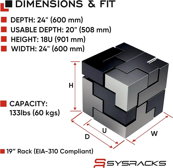 Sysracks 18U Wall Mount Server Rack Cabinet, 19” Locking Network Rack, 24” Deep