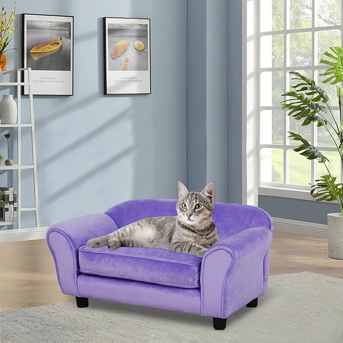 Getifun Small Dog Sofa Bed, Velvet Cat Couch with Washable Cushion & Plastic Legs (29 x 16 x 12.7 inches (Purple)