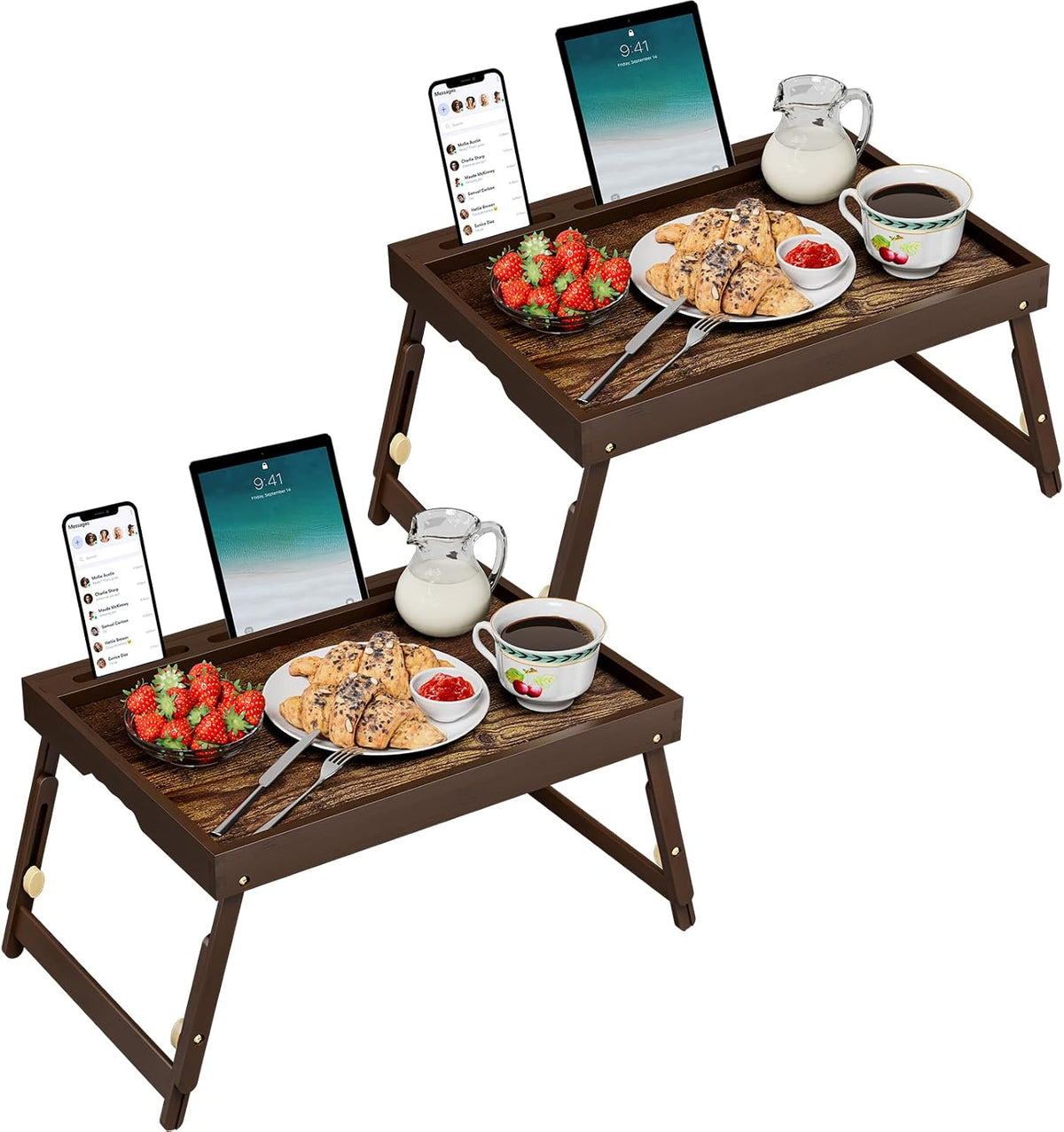 Adjustable Bamboo Bed Tray Tables with Device Stands, 2-Pack