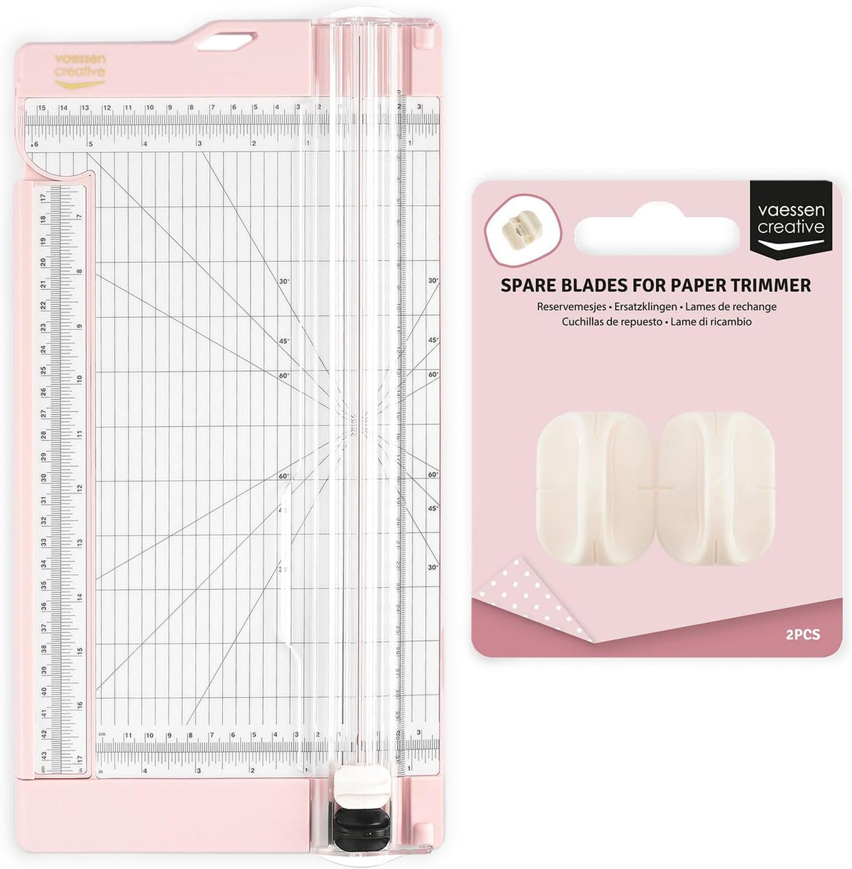 Vaessen Creative Paper Cutter with Scoring Tool 6 x 12" (15.2 x 30.5 cm) – 2-in-1 Pink Paper Trimmer & Scoreboard for Scrapbooking, Card Making, Gift Boxes & Crafting – Including 2 Spare Blades