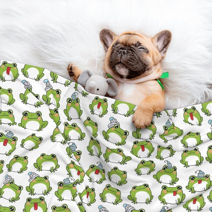 Two Sided Plush Pet Blanket for Crates Carriers Home Use, Cute Frog, Reversible Throw with Cozy Dot Fabric and Silky Reverse for Small Large Pets