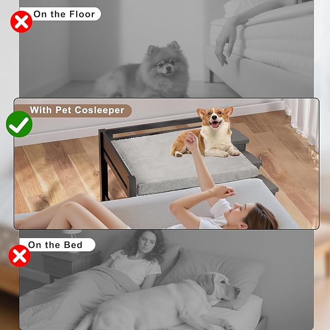 Bedside Dog Bed with Mattress - Raised Wooden Pet Cosleeper with Guardrail, Removable Mattress & 3-Step Foldable Stairs, Freestanding Bassinet-Style Elevated Dog Bed for Large Sized Dogs