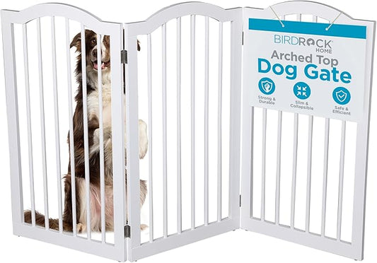 INTERNET'S BEST Arched Top Dog Gate | 3 Panel, 36" H Wooden Pet Barrier for Dogs or Cats | Freestanding Folding Room Divider for Doorways, Hallways, Stairs, and Porch | Portable, Extra Wide | White
