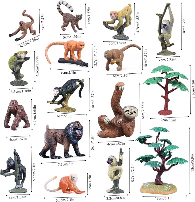 16Pcs Monkey Animal Figures Set, Assorted Wild Primate Toys with Sloth, Mandrill, Ring-Tailed Lemur Gorilla and Trees for Kids Educational Birthday Cake Decoration Party Favor School Projects
