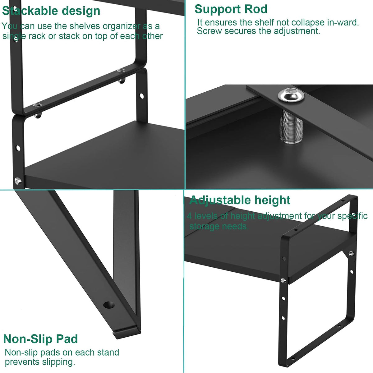 iPEGTOP Extendable Microwave Oven Rack, Adjustable Height Microwave/Toaster Shelf Heavy Duty Metal Pantry Shelf Space Riser Stand Organizer,Black