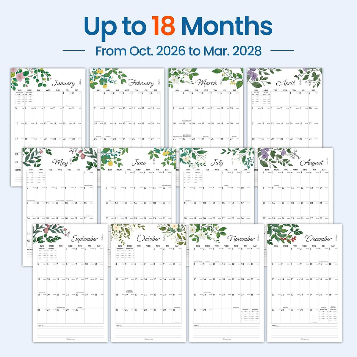 SUNEE 2026-2027 Wall Calendar Extra Large 17"x27", 18 Month Calendar (Ends March 2028),Vertical Monthly for Wall, Greenery