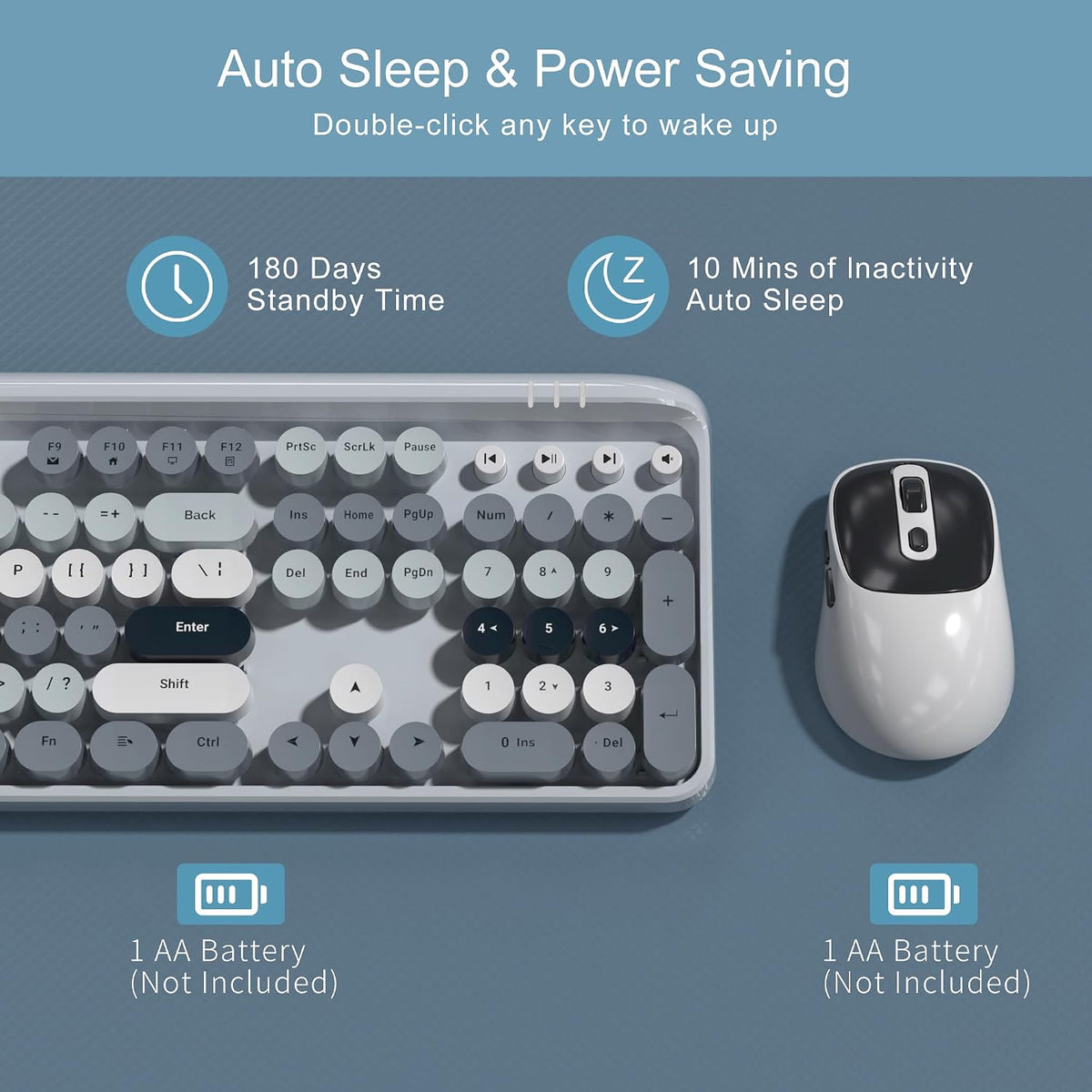 MageGee V920 Wireless Keyboard and Mouse Combo, 2.4G Full-Sized Retro Typewriter Keyboard with Round Keycaps & Auto-Sleep Mode, Cute Computer Keyboard and Cordless Optical Mouse for Laptop/PC (Gray)