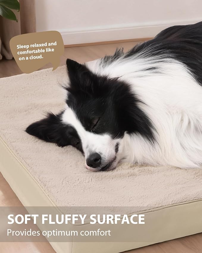 KSIIA Orthopedic Dog Bed Crate Waterproof Pet Mats for Large Dogs Deluxe Plush Washable Pet Bed with Egg Crate Foam & Removable Cover, 41 x 27 Inch, Khaki