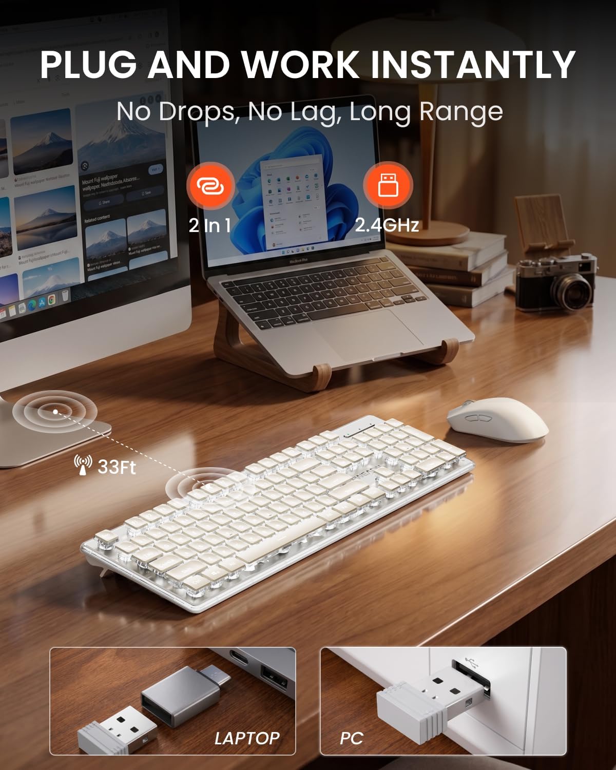 Wireless Keyboard and Mouse Combo, White Backlit, Rechargeable - White