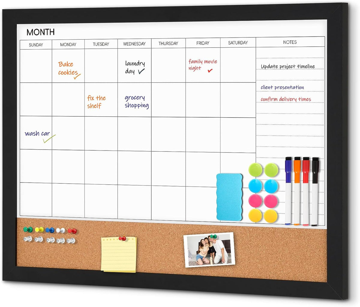 Calendar Whiteboard for Wall, 24" x 18" Dry Erase Monthly Cork White Board