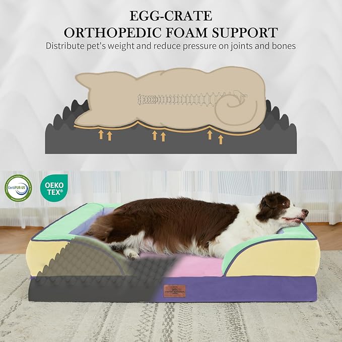 Comfort Expression Orthopedic Dog Bed for Large Dogs 36x27 Inch, Waterproof Egg Crate Foam Large Pet Bed with Removable Bolsters, Dog Couch with Washable Cover & Non-Slip Bottom, Frosted Grape