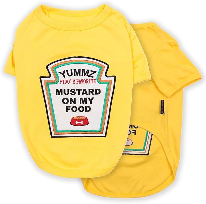 Parisian Pet Dog Shirt - Embroidered “Mustard on My Food“ - 100% Cotton and Polyester Dog Clothes - Sleeved, Lightweight Costume for Dogs - Yellow Dog Shirts for Large Dogs - Pet Costumes - XL