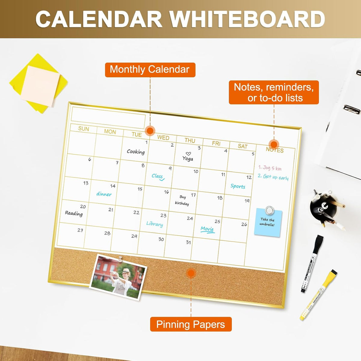 Dry Erase Calendar Whiteboard, 36"x24" Monthly White Board with Cork Board