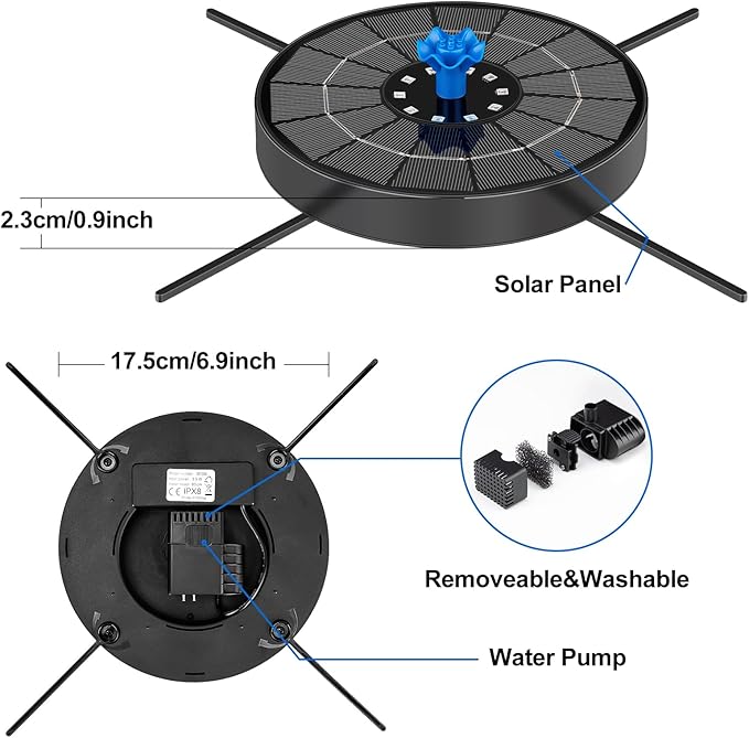 Solar Fountain Pump with 3 Spray Height Adjustments, Upgraded Glass Solar Bird Bath Fountains with LED Lights,6 Nozzles,Outdoor Solar Water Fountain for Bird Bath, Garden, Pool, Pond (Blue)