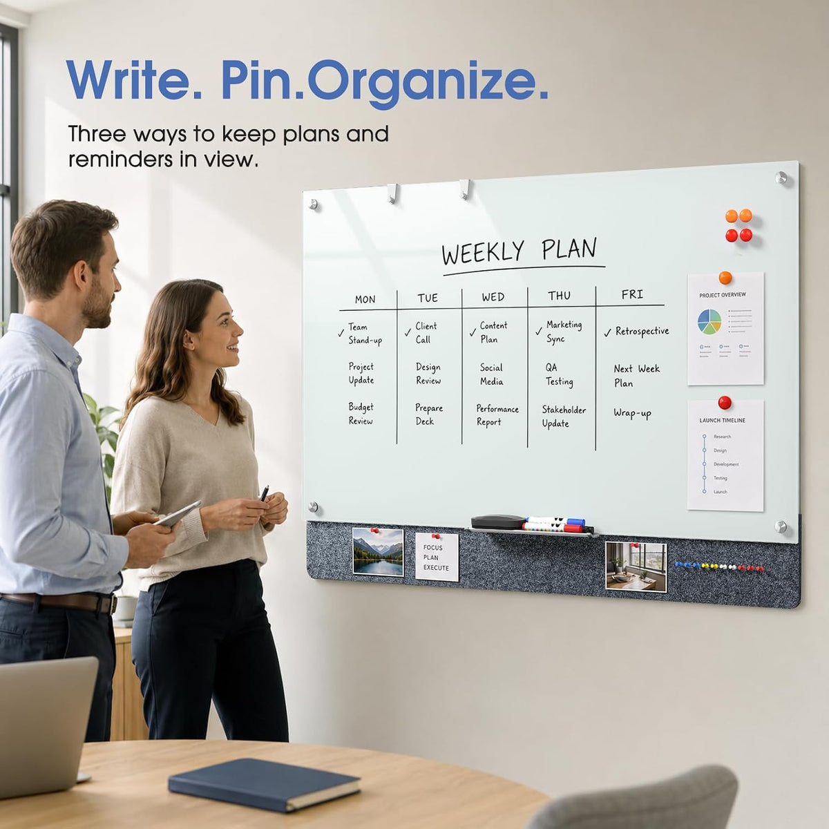 MaxGear Magnetic Glass Whiteboard & Felt Bulletin Board Combo, 48 x 36 Inch