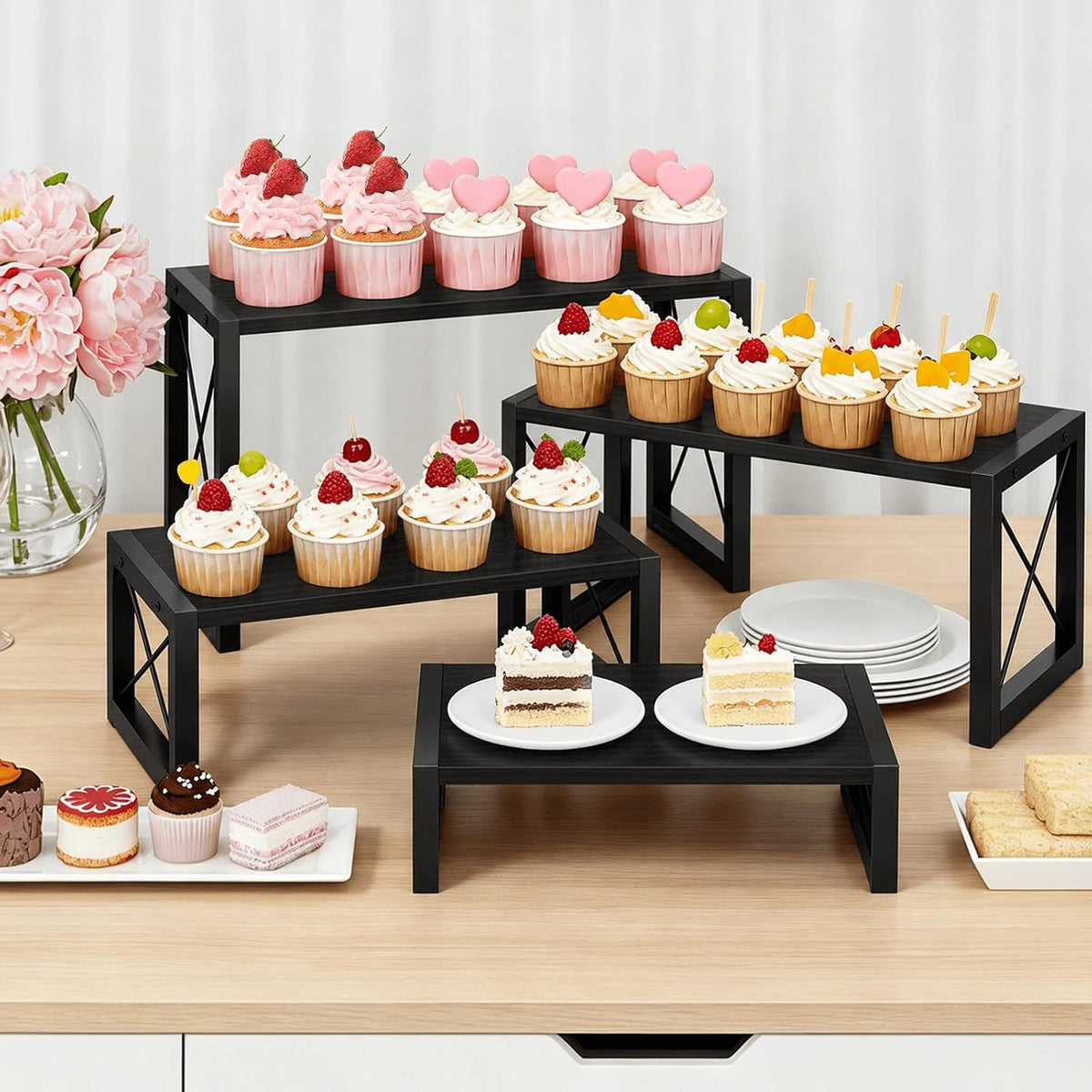 ELITEROO Wooden Risers Display Stands, 4 Tier Cupcake and Dessert Display Stand, Nesting Riser for Buffet Table for Cup Cake, Food, Collectibles, and Market Vendor Events Retail Shelf Organizer, Black