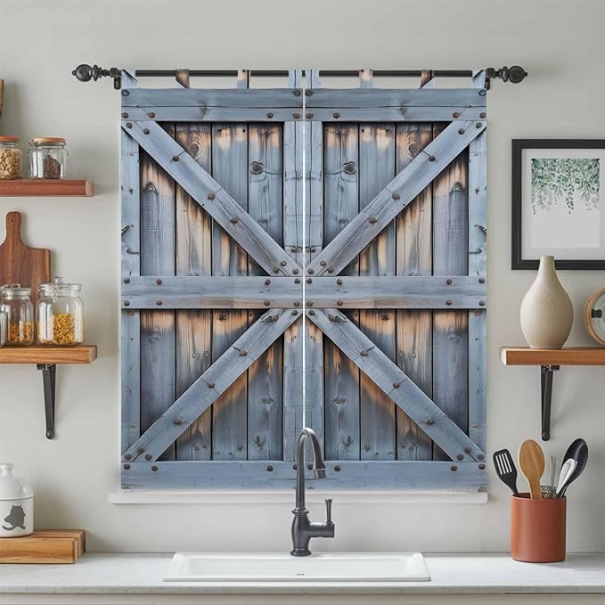 Farmhouse Wood Grain Bathroom Curtains 63 Inch Length, Window Curtains Tab Top