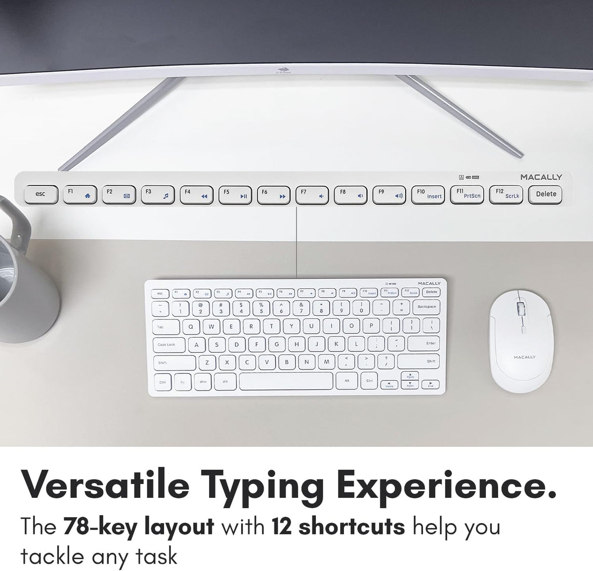 Macally White Wireless Keyboard and Mouse Combo - Quiet Productivity Duo - 2.4G Small Keyboard and Mouse Wireless - 78 Key Quiet Cordless Compact Mouse and Keyboard Combo with Mini Body