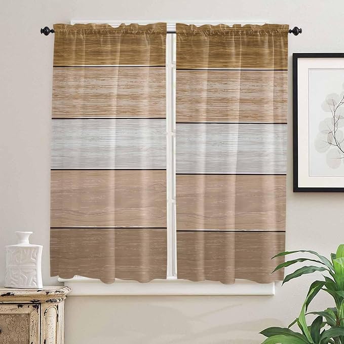 Retro Farm Wood Board Window Valance Curtains, 2 Panel