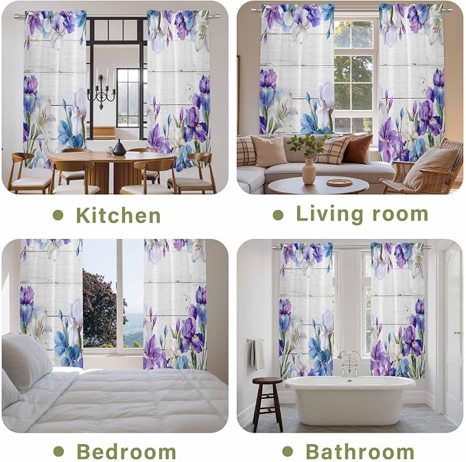 Spring Flowers Kitchen Curtains, Watercolor Garden Florals Wooden Grain Light
